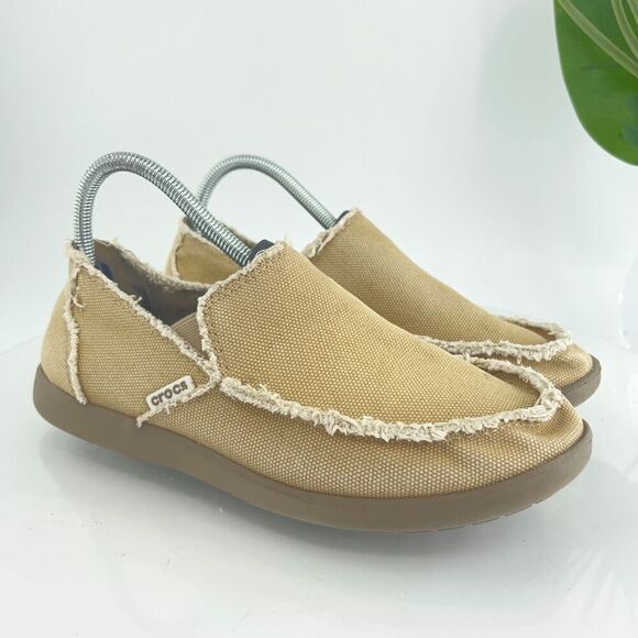 CROCS Men's Santa Cruz Loafer Size 8 Tan Canvas Slip On Shoe Casual Cushioned - Picture 1 of 16